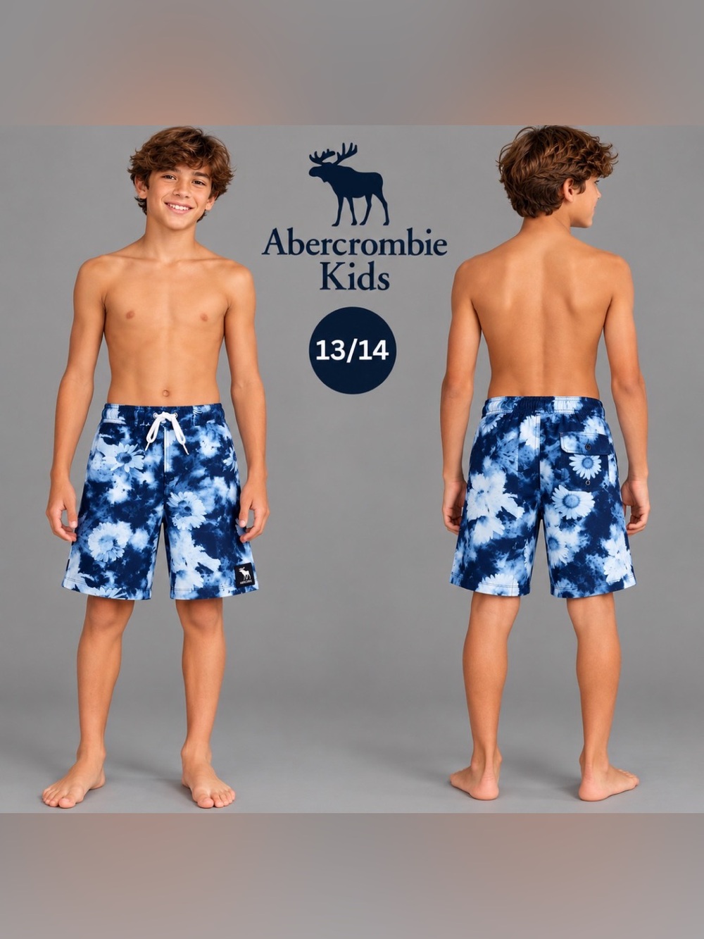 Abercrombie Kids Boys 13/14 Swim Trunks Navy Blue Floral Tie-Dye Board Shorts